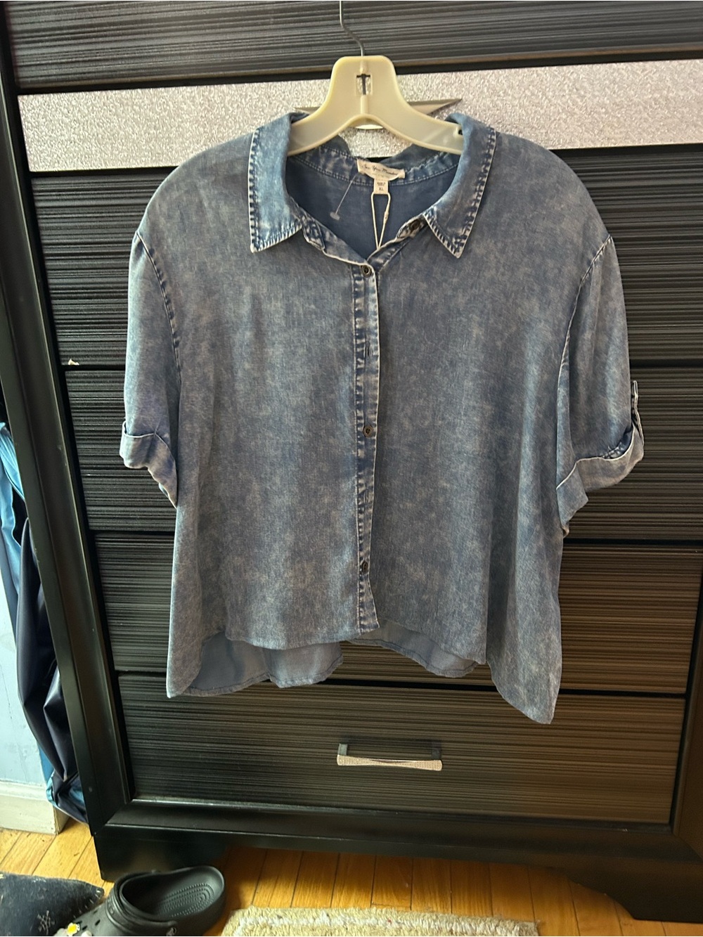 See You Monday Washed Blue Cropped Button-Down Shirt
